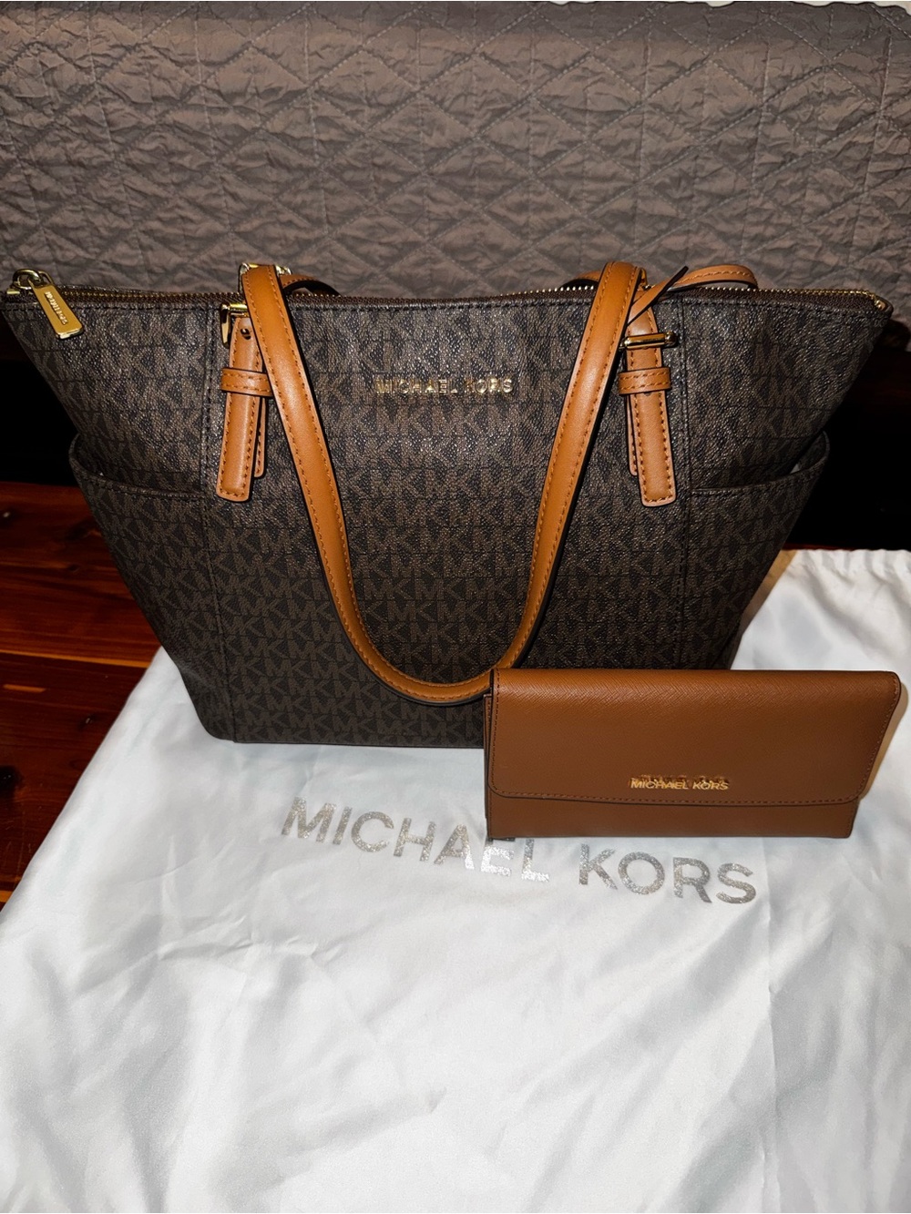 Michael Kors Brown Monogram Tote with Tan Leather Handles
